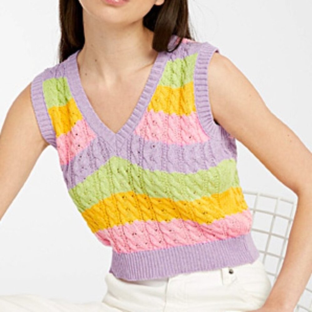 Boho pastel colourful cable knit cotton V-neck vest made in Italy NWT